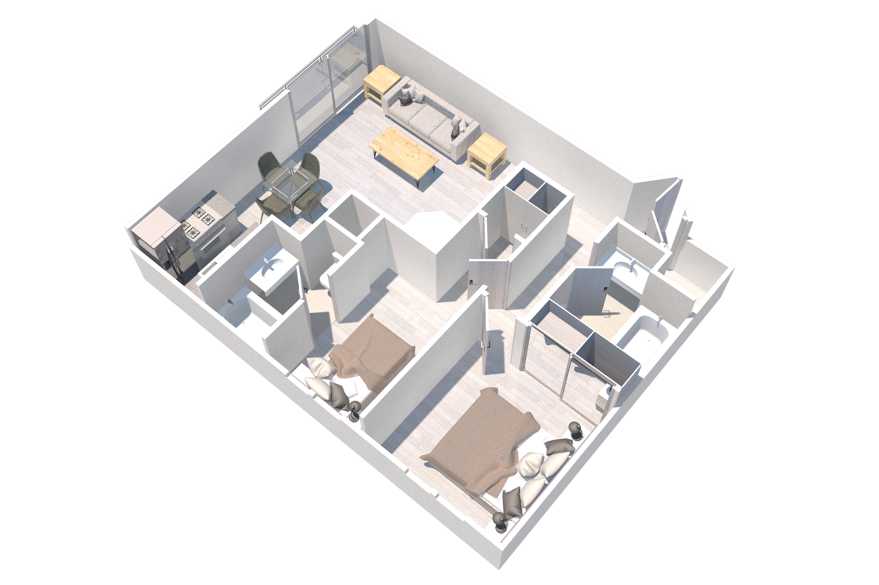 Floor plan for 2 beds, 2 baths, 896 sqft